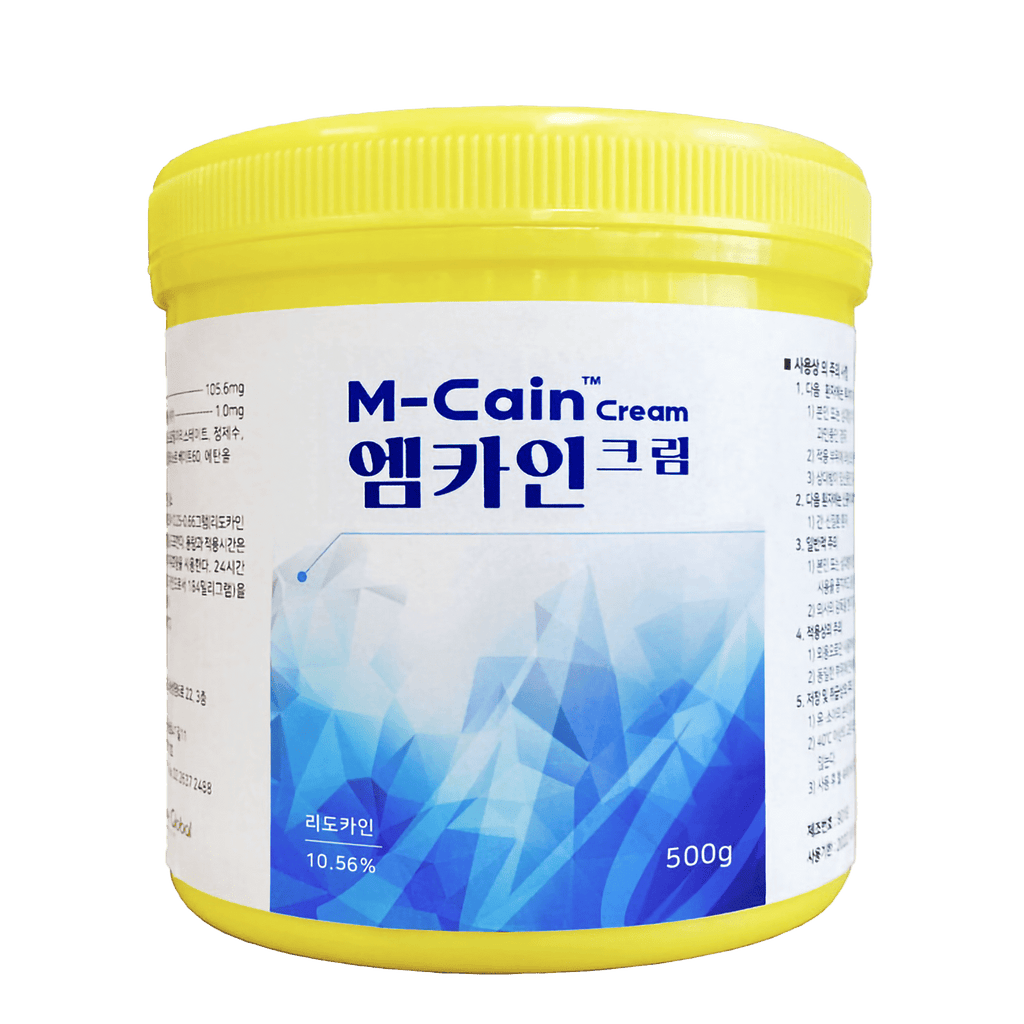 M CAIN CREAM 500G professional-grade lidocaine-based numbing cream for pain relief in cosmetic and dermatological procedures.