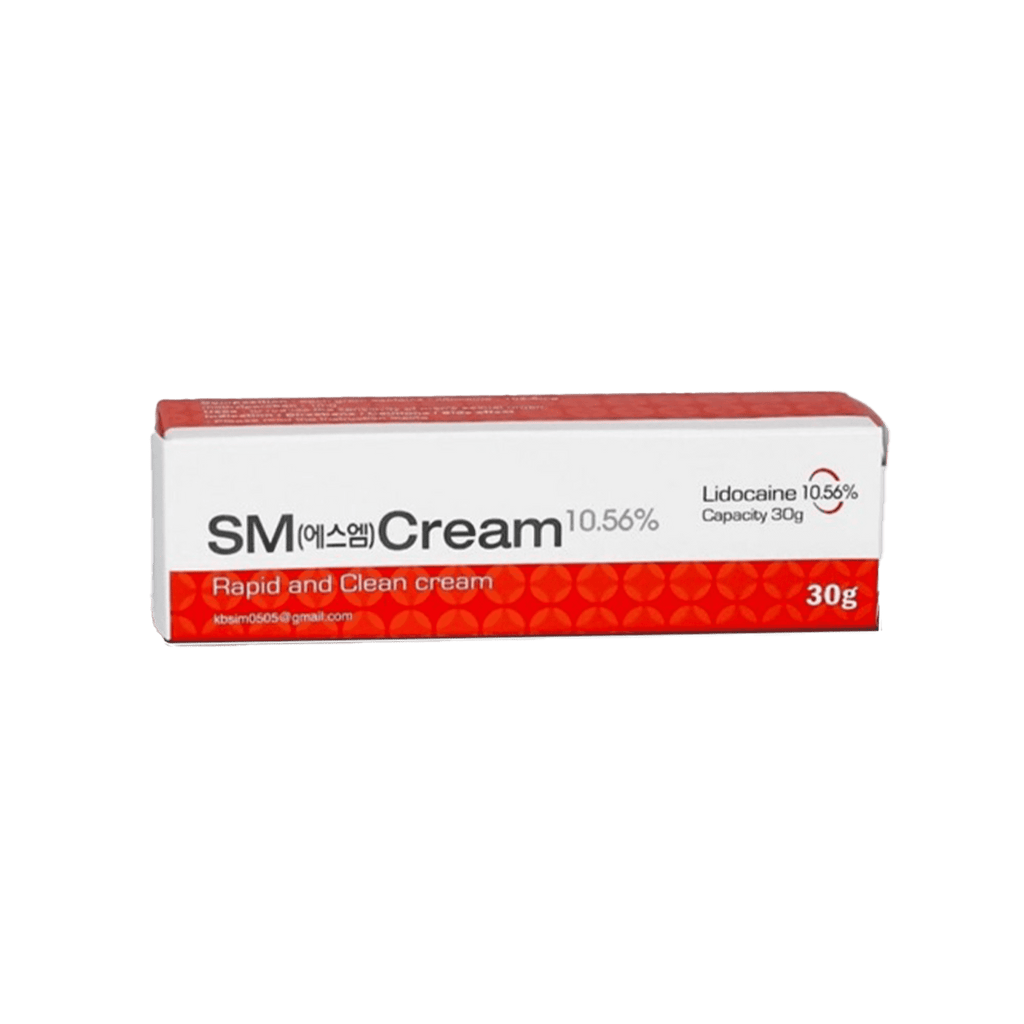 SM CREAM 30G compact lidocaine-based numbing cream for pain relief in cosmetic procedures.